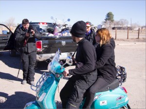 Ashton filming Jeremy giving Lauren a ride; Jordan probably wondering if he's going to have repair another scooter.