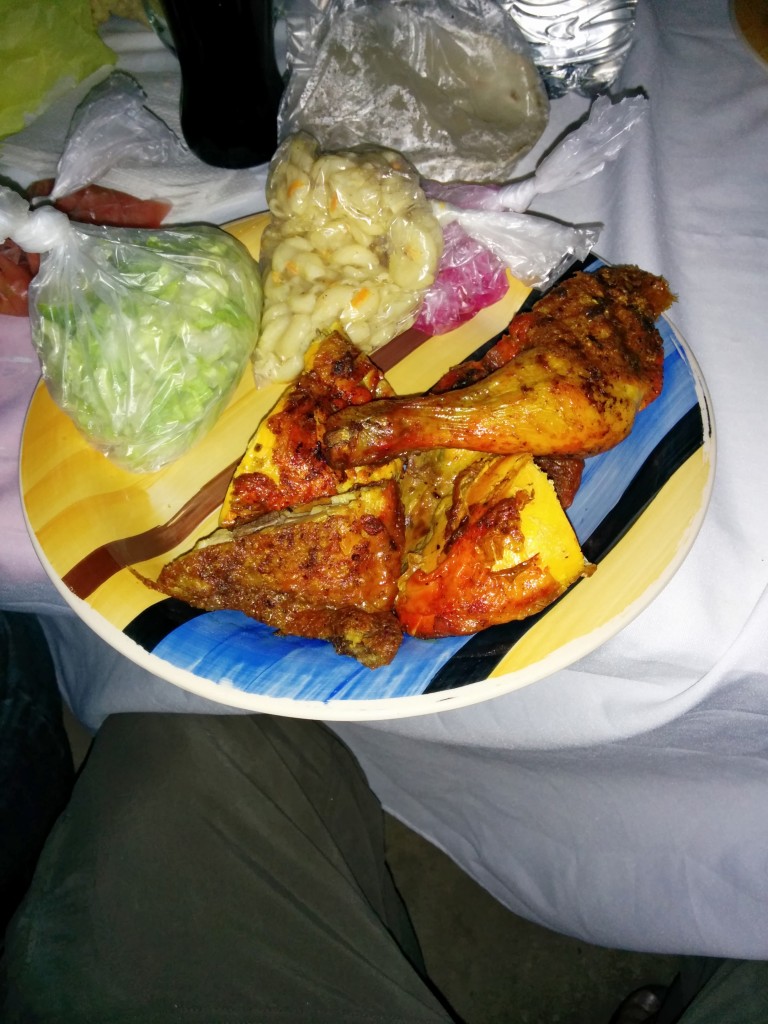 Chicken, salad, and some noodles.
